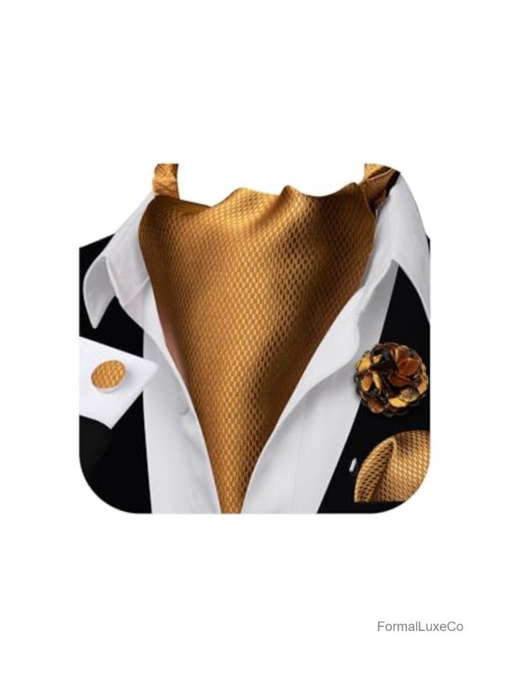 Silk Ascot Tie Cravat Set with Pocket Square & Cufflinks for Wedding